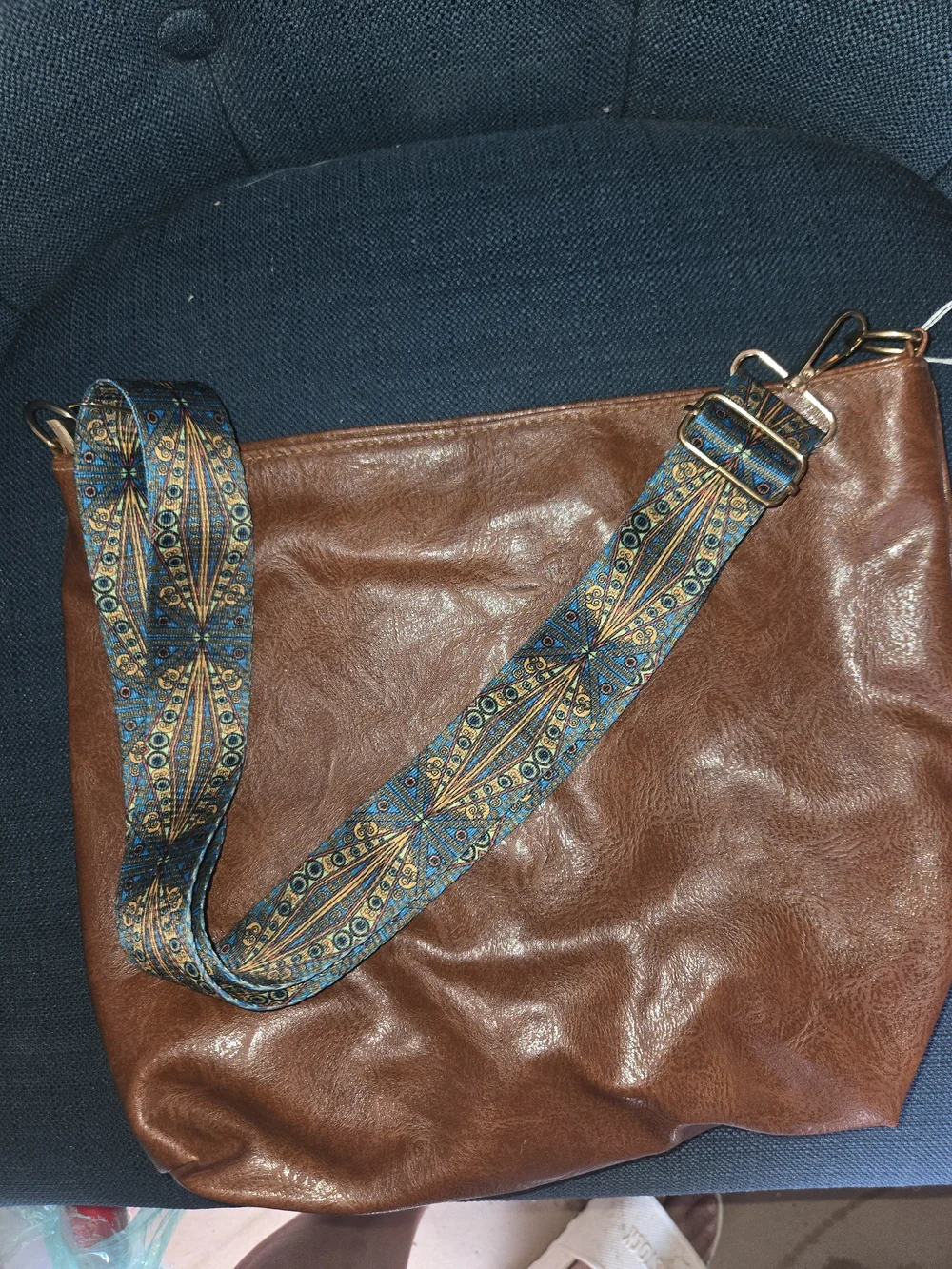 Faux Leather Crossbody Bag with Patterned Strap - Brown